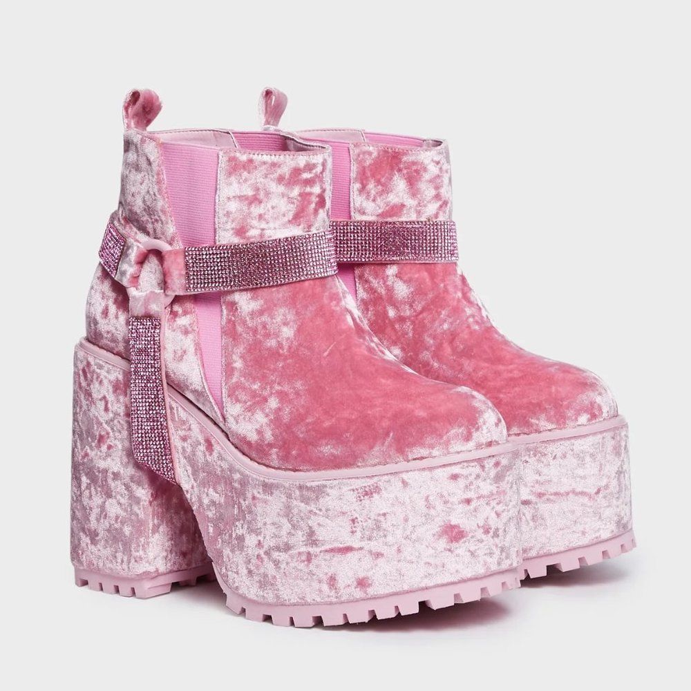 Dolls Kill Gemma 2 Pink Velvet Platform Boots Size 10